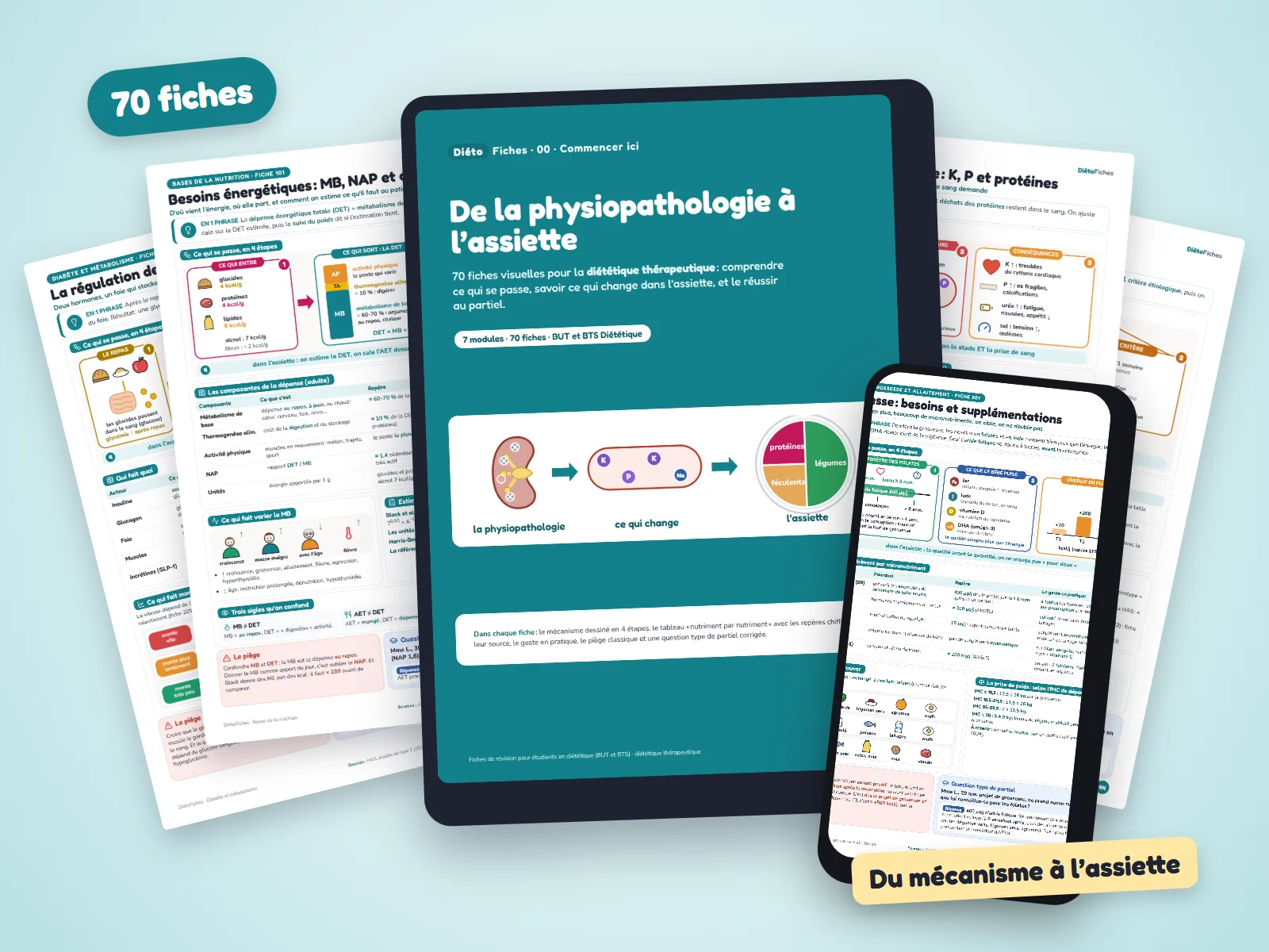 DiétoFiches : la couverture sur une tablette, une fiche sur un téléphone et plusieurs fiches autour